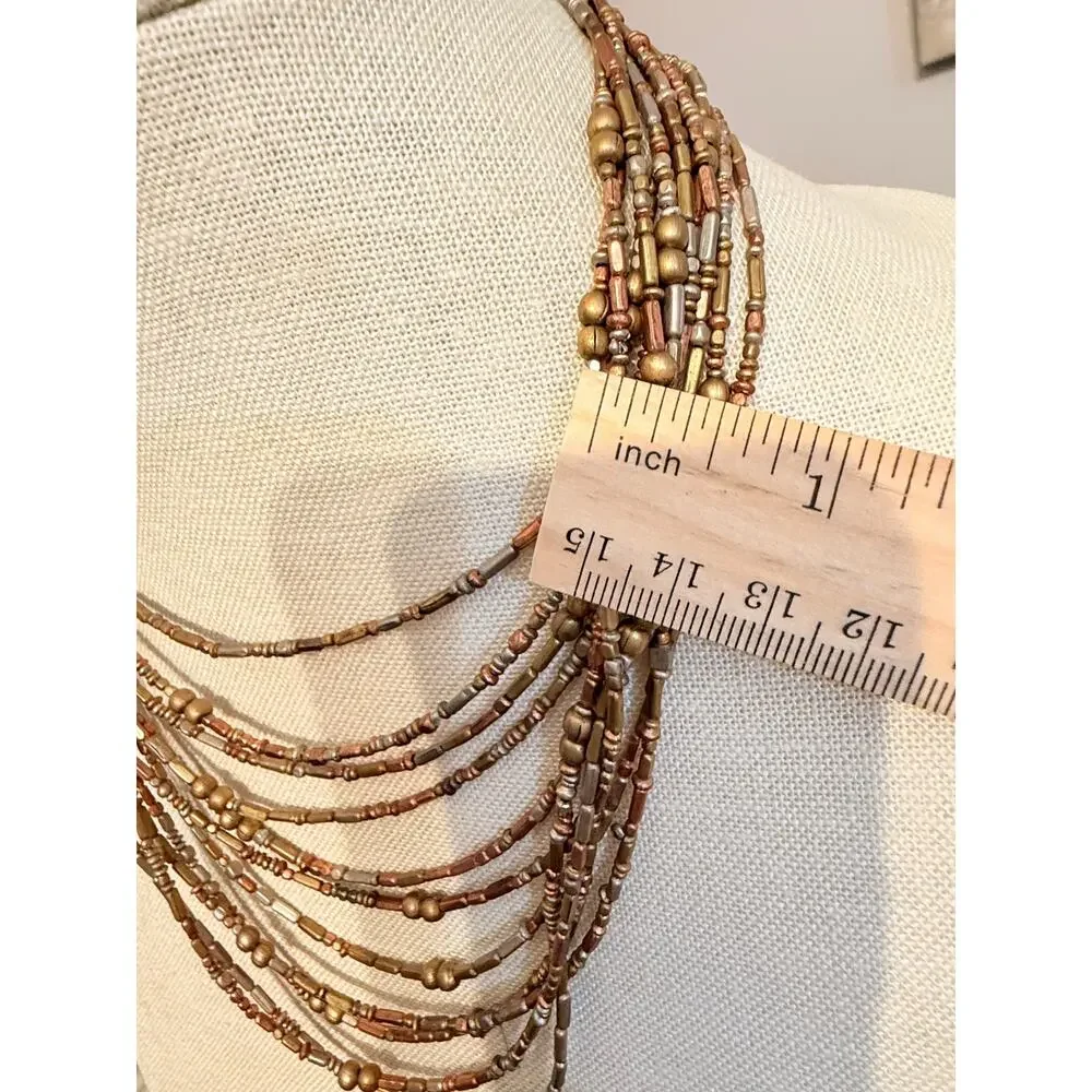 Vintage Multi Strand Mixed Metal Bead Statement Necklace 15”